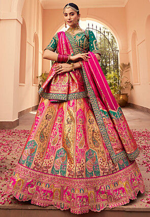 Embroidered Art Silk Jacquard Lehenga in Magenta and Beige