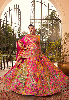 Embroidered Art Silk Jacquard Lehenga in Multicolor
