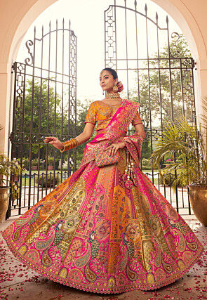 Embroidered Art Silk Jacquard Lehenga in Multicolor