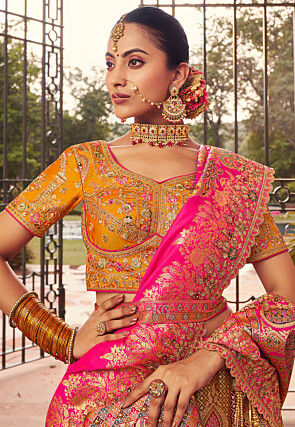 Embroidered Art Silk Jacquard Lehenga in Multicolor