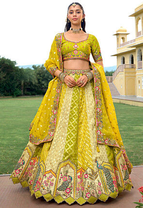 Embroidered Art Silk Jacquard Lehenga in Multicolor