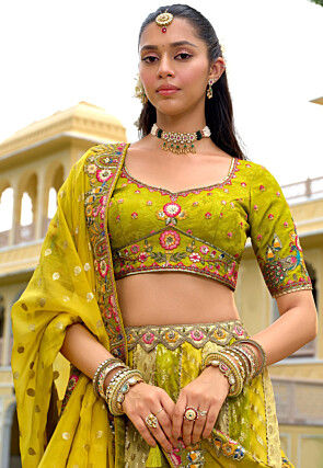 Embroidered Art Silk Jacquard Lehenga in Multicolor