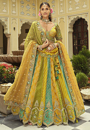 Embroidered Art Silk Jacquard Lehenga in Multicolor