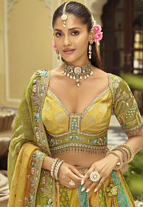 Embroidered Art Silk Jacquard Lehenga in Multicolor