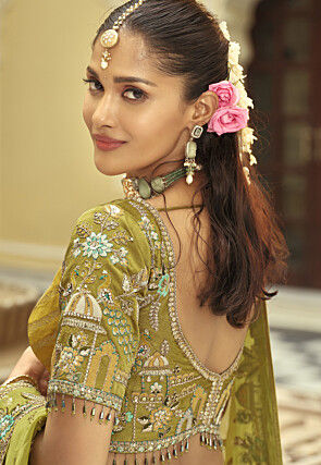 Embroidered Art Silk Jacquard Lehenga in Multicolor