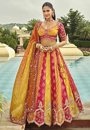 Embroidered Art Silk Jacquard Lehenga in Multicolor