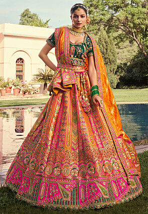 Embroidered Art Silk Jacquard Lehenga in Mustard and Pink