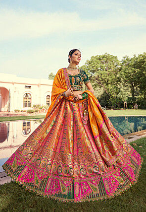 Embroidered Art Silk Jacquard Lehenga in Mustard and Pink
