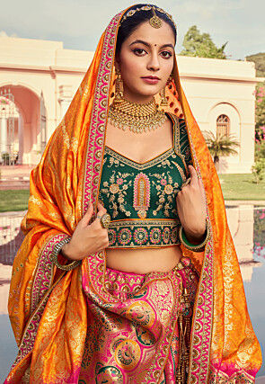 Embroidered Art Silk Jacquard Lehenga in Mustard and Pink