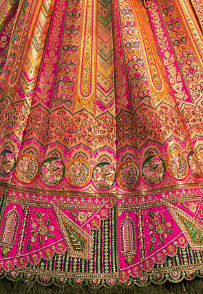 Embroidered Art Silk Jacquard Lehenga in Mustard and Pink