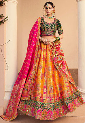 Embroidered Art Silk Jacquard Lehenga in Mustard