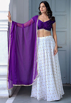 Embroidered Art Silk Jacquard Lehenga in Off White