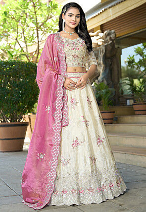 Embroidered Art Silk Jacquard Lehenga in Off White