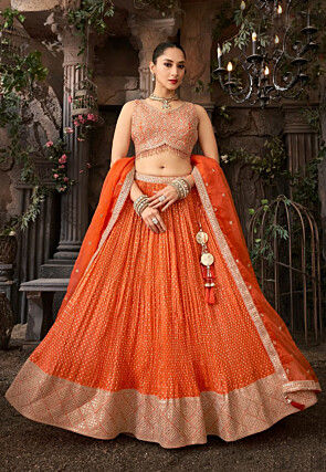 Embroidered Art Silk Jacquard Lehenga in Orange