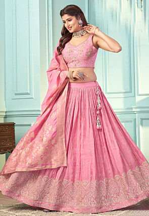 Embroidered Art Silk Jacquard Lehenga in Pink