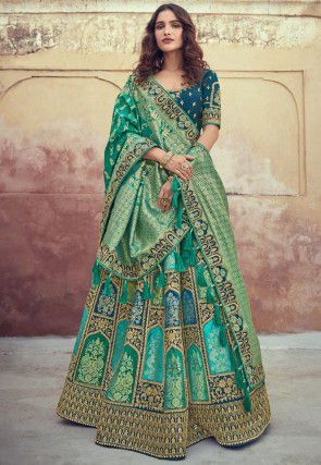 Embroidered Art Silk Jacquard Lehenga in Teal Green and Blue