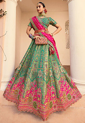Embroidered Art Silk Jacquard Lehenga in Teal Green