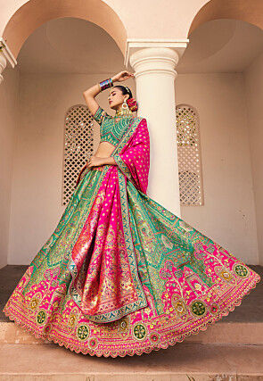 Embroidered Art Silk Jacquard Lehenga in Teal Green