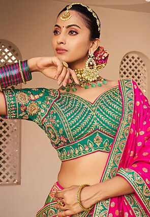 Embroidered Art Silk Jacquard Lehenga in Teal Green