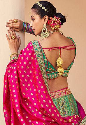 Embroidered Art Silk Jacquard Lehenga in Teal Green