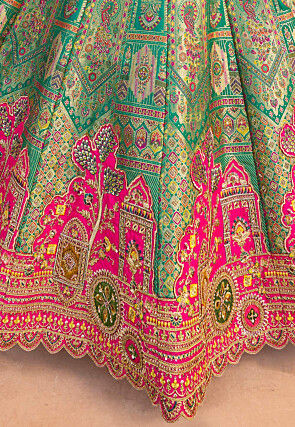 Embroidered Art Silk Jacquard Lehenga in Teal Green
