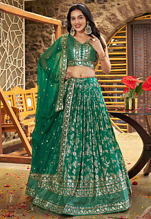Embroidered Art Silk Jacquard Lehenga in Teal Green