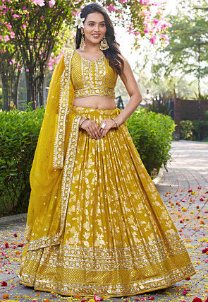 Embroidered Art Silk Jacquard Lehenga in Yellow