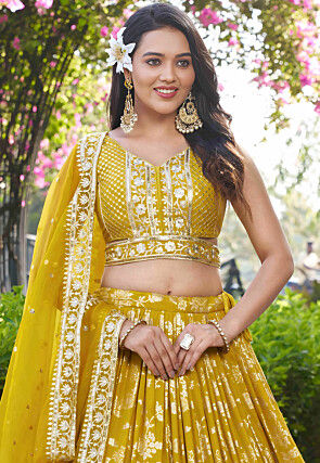 Embroidered Art Silk Jacquard Lehenga in Yellow