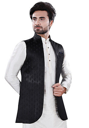 Embroidered Art Silk Jacquard Nehru Jacket in Black