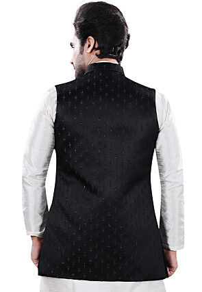 Embroidered Art Silk Jacquard Nehru Jacket in Black