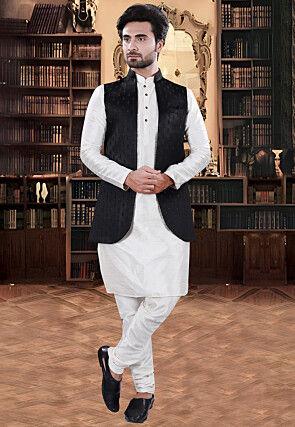 Embroidered Art Silk Jacquard Nehru Jacket in Black