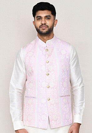 Embroidered Art Silk Nehru Jacket in Pink and Purple