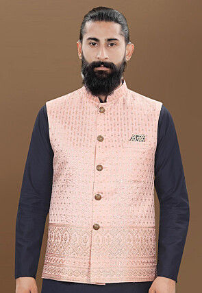 Embroidered Art Silk Jacquard Nehru Jacket in Pink