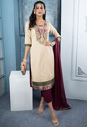 Embroidered Art Silk Jacquard Pakistani Suit in Beige