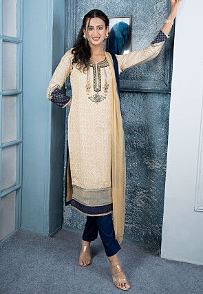 Embroidered Art Silk Jacquard Pakistani Suit in Beige