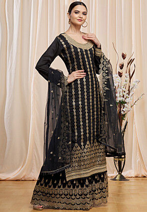 Embroidered Art Silk Jacquard Pakistani Suit in Black