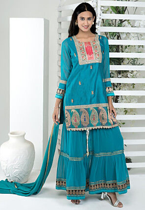 Embroidered Art Silk Jacquard Pakistani Suit in Blue