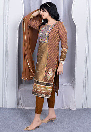 Embroidered Art Silk Jacquard Pakistani Suit in Brown