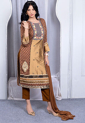 Embroidered Art Silk Jacquard Pakistani Suit in Brown