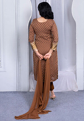 Embroidered Art Silk Jacquard Pakistani Suit in Brown