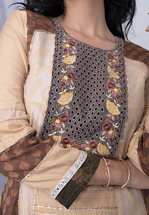 Embroidered Art Silk Jacquard Pakistani Suit in Brown