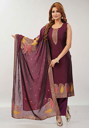 Embroidered Art Silk Jacquard Pakistani Suit in Dark Purple