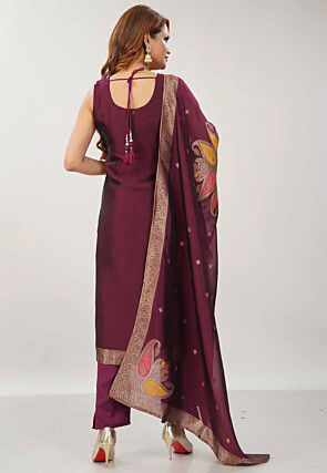 Embroidered Art Silk Jacquard Pakistani Suit in Dark Purple