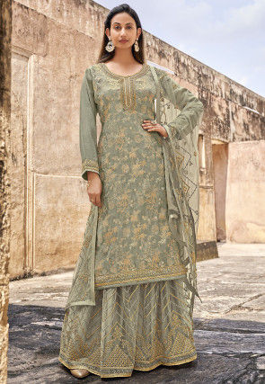 Embroidered Art Silk Jacquard Pakistani Suit in Dusty Green