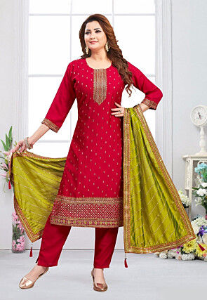 Embroidered Art Silk Jacquard Pakistani Suit in Fuchsia
