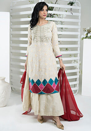 Embroidered Art Silk Jacquard Pakistani Suit in Light Beige