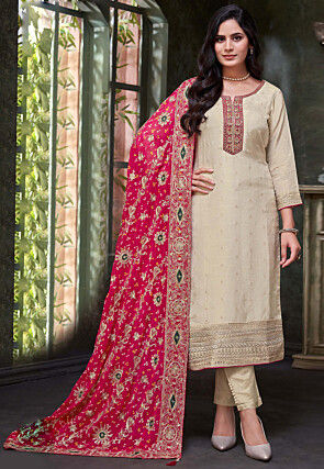 Embroidered Art Silk Jacquard Pakistani Suit in Light Beige