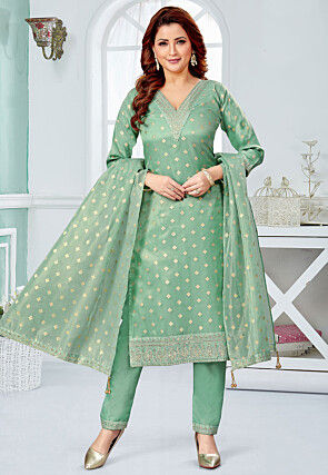 Embroidered Art Silk Jacquard Pakistani Suit in Light Green