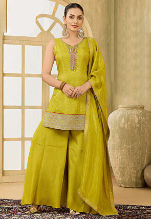 Embroidered Art Silk Jacquard Pakistani Suit in Light Green