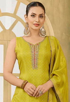 Embroidered Art Silk Jacquard Pakistani Suit in Light Green